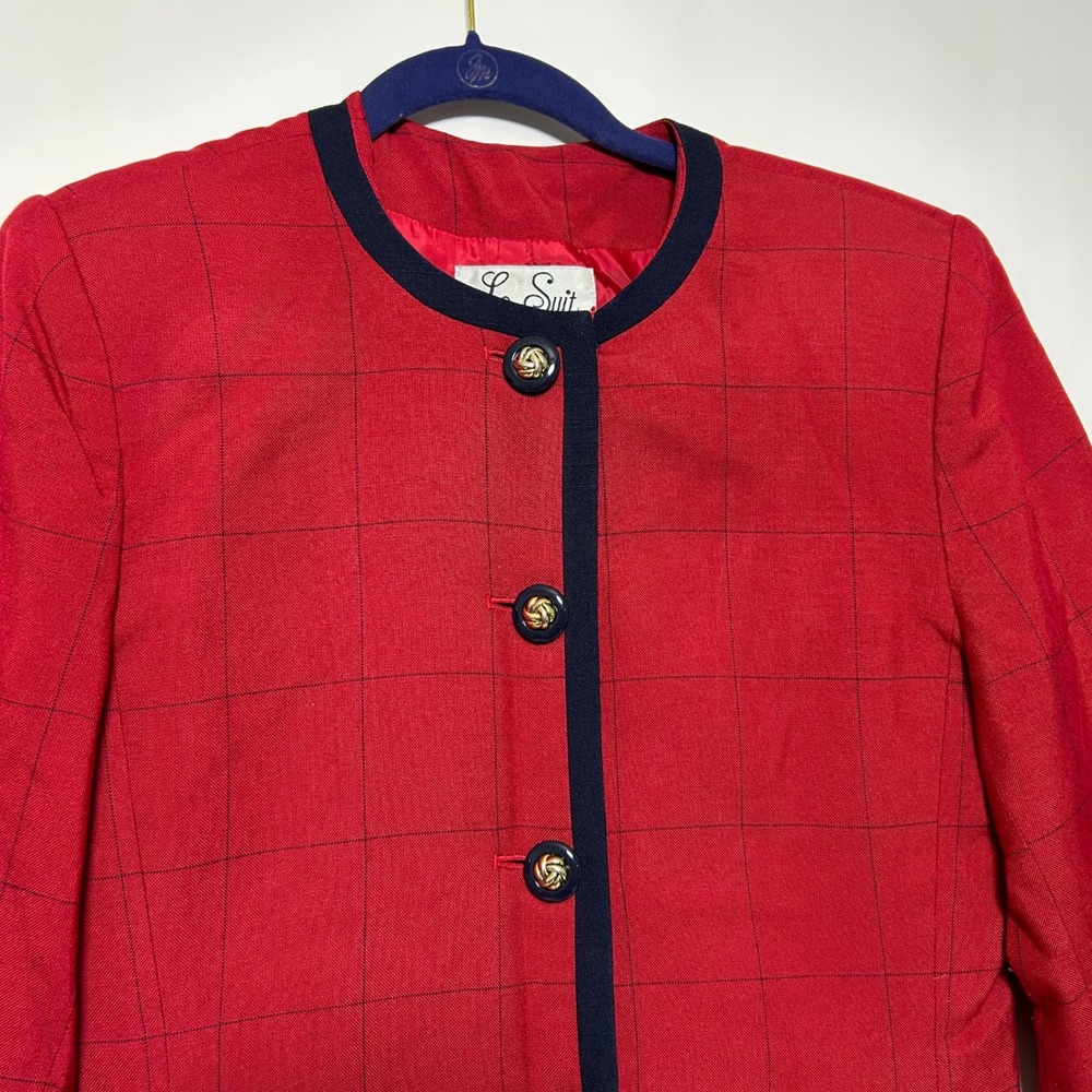 Le Suit Red Plaid Blazer Jacket Navy Trim Gold Button Collarless Women's 8P